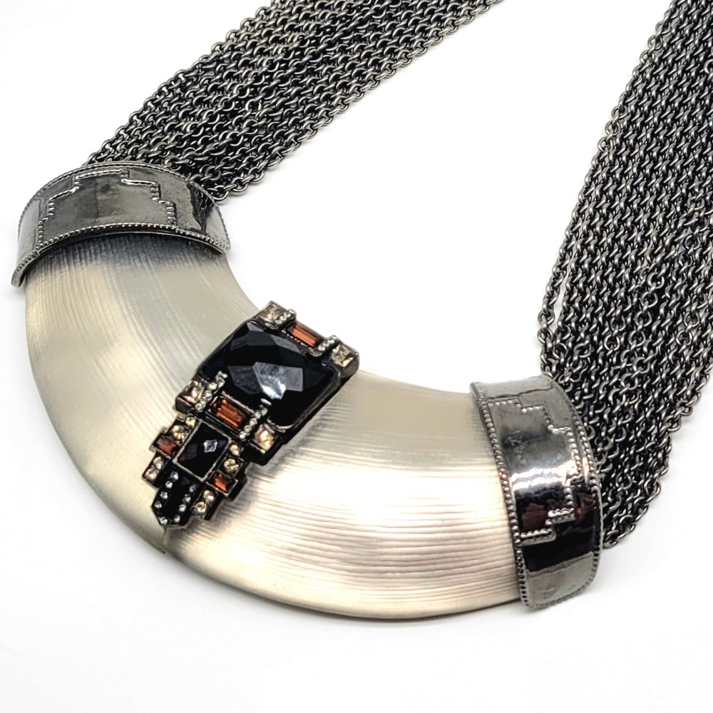 Alexis Bittar Clear Chunky Lucite Necklace w Swarovski Crystals Ruthenium Chains